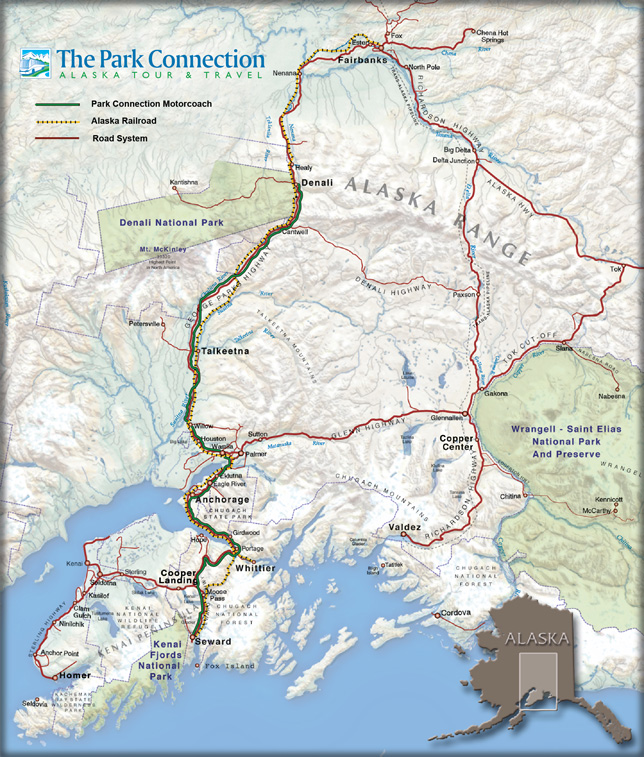 Alaska highway map showing Park Connection bus line and Alaska Railroad routes.